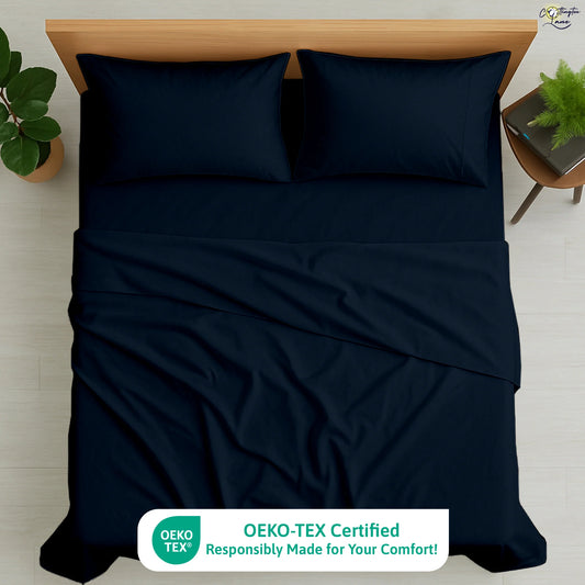 Premium 100% Cotton 4-Piece Bed Sheet Set | 400 TC | Flat Sheet, Elastic Fitted Sheet & 2 Pillow Covers | 10-Inch Deep Pocket (Navy Blue)