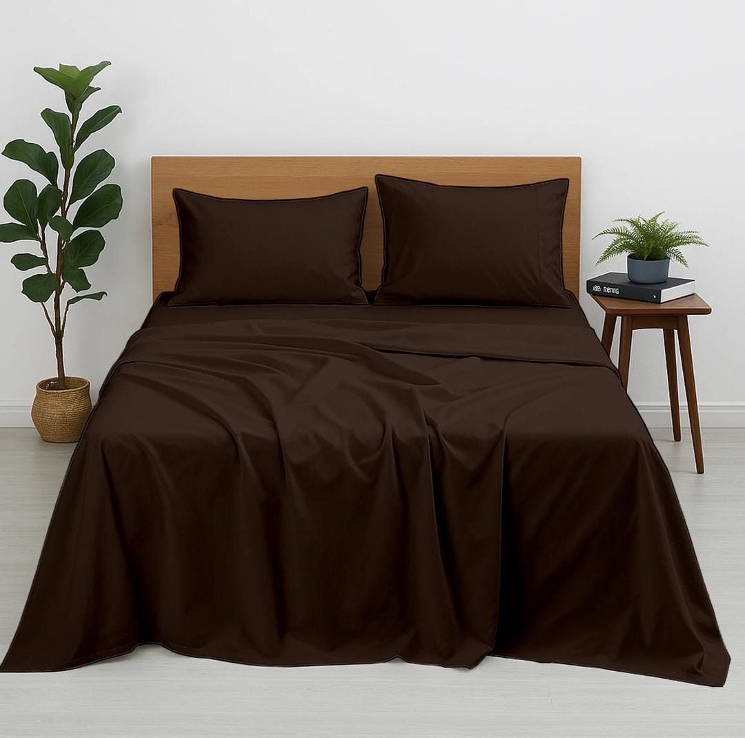 Premium 100% Cotton 4-Piece Bed Sheet Set | 400 TC | Flat Sheet, Elastic Fitted Sheet & 2 Pillow Covers | 10-Inch Deep Pocket (Chocolate)