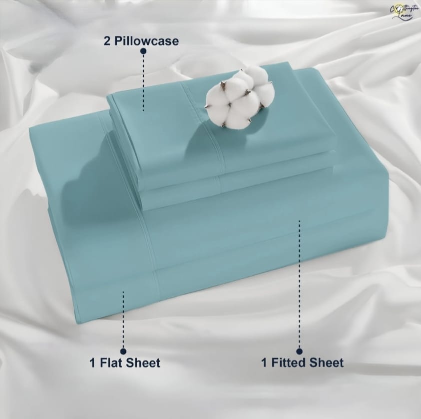 Premium 100% Cotton 4-Piece Bed Sheet Set | 400 TC | Flat Sheet, Elastic Fitted Sheet & 2 Pillow Covers | 10-Inch Deep Pocket (Light Blue)