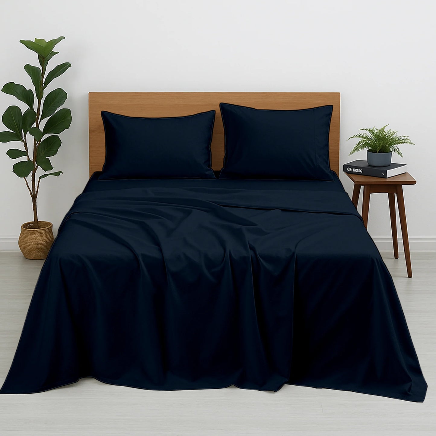 Premium 100% Cotton 4-Piece Bed Sheet Set | 400 TC | Flat Sheet, Elastic Fitted Sheet & 2 Pillow Covers | 10-Inch Deep Pocket (Navy Blue)