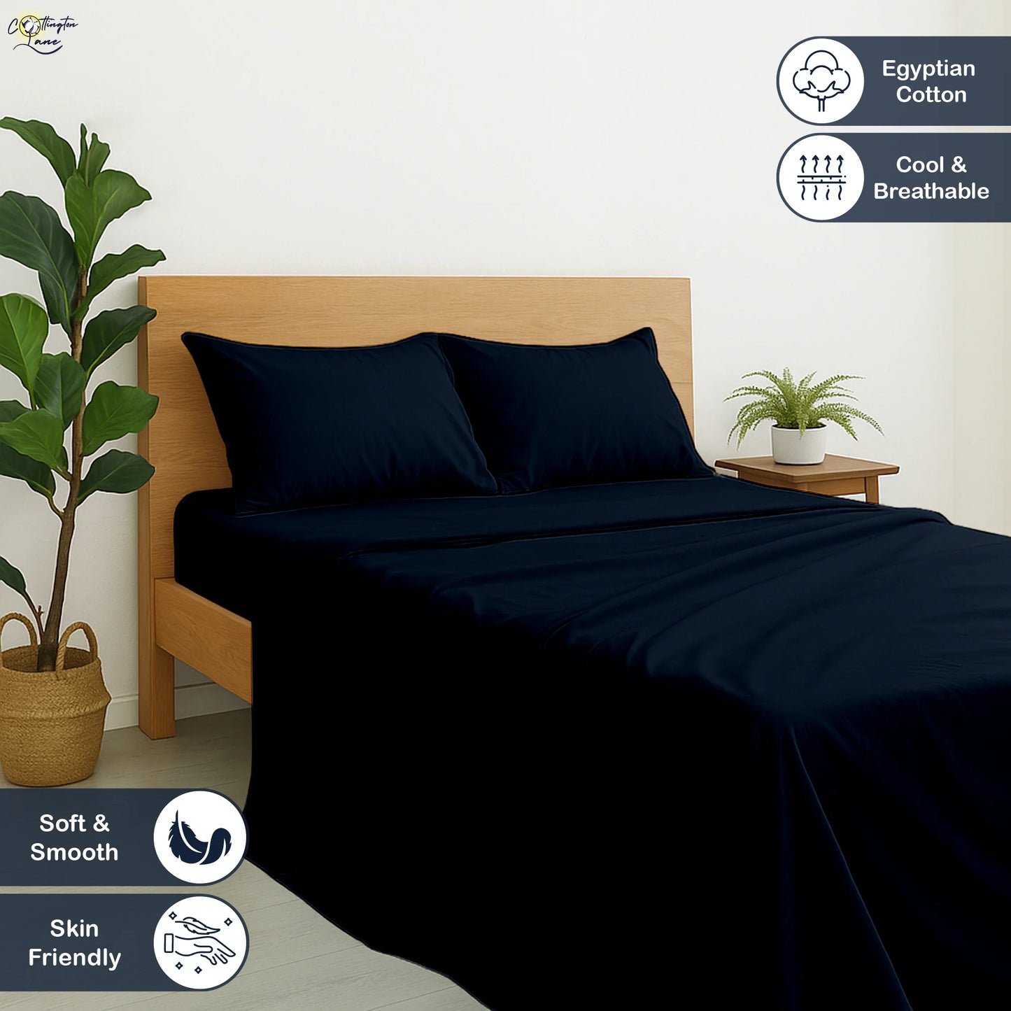 Premium 100% Cotton 4-Piece Bed Sheet Set | 400 TC | Flat Sheet, Elastic Fitted Sheet & 2 Pillow Covers | 10-Inch Deep Pocket (Navy Blue)