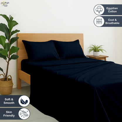Premium 100% Cotton 4-Piece Bed Sheet Set | 400 TC | Flat Sheet, Elastic Fitted Sheet & 2 Pillow Covers | 10-Inch Deep Pocket (Navy Blue)