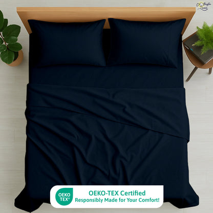 Premium 100% Cotton 4-Piece Bed Sheet Set | 400 TC | Flat Sheet, Elastic Fitted Sheet & 2 Pillow Covers | 10-Inch Deep Pocket (Navy Blue)