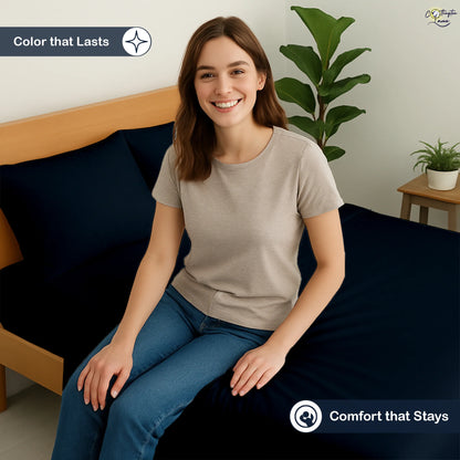 Premium 100% Cotton 4-Piece Bed Sheet Set | 400 TC | Flat Sheet, Elastic Fitted Sheet & 2 Pillow Covers | 10-Inch Deep Pocket (Navy Blue)