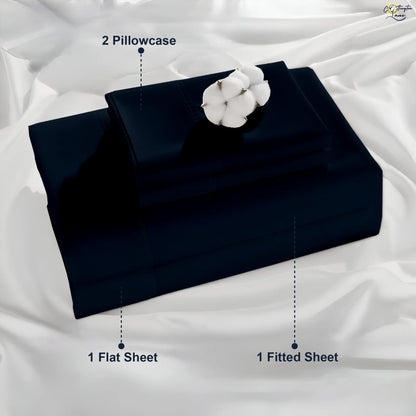 Premium 100% Cotton 4-Piece Bed Sheet Set | 400 TC | Flat Sheet, Elastic Fitted Sheet & 2 Pillow Covers | 10-Inch Deep Pocket (Navy Blue)