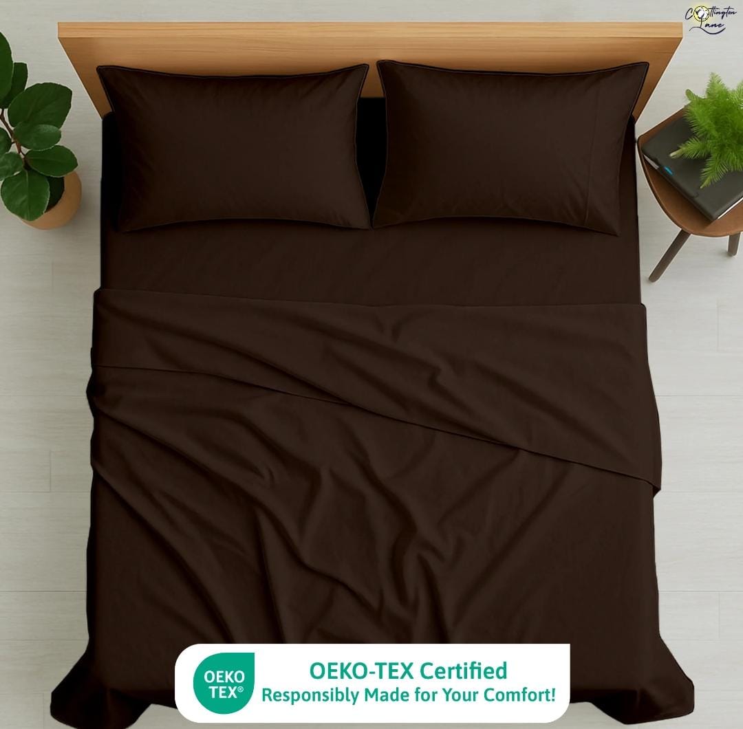 Premium 100% Cotton 4-Piece Bed Sheet Set | 400 TC | Flat Sheet, Elastic Fitted Sheet & 2 Pillow Covers | 10-Inch Deep Pocket (Chocolate)