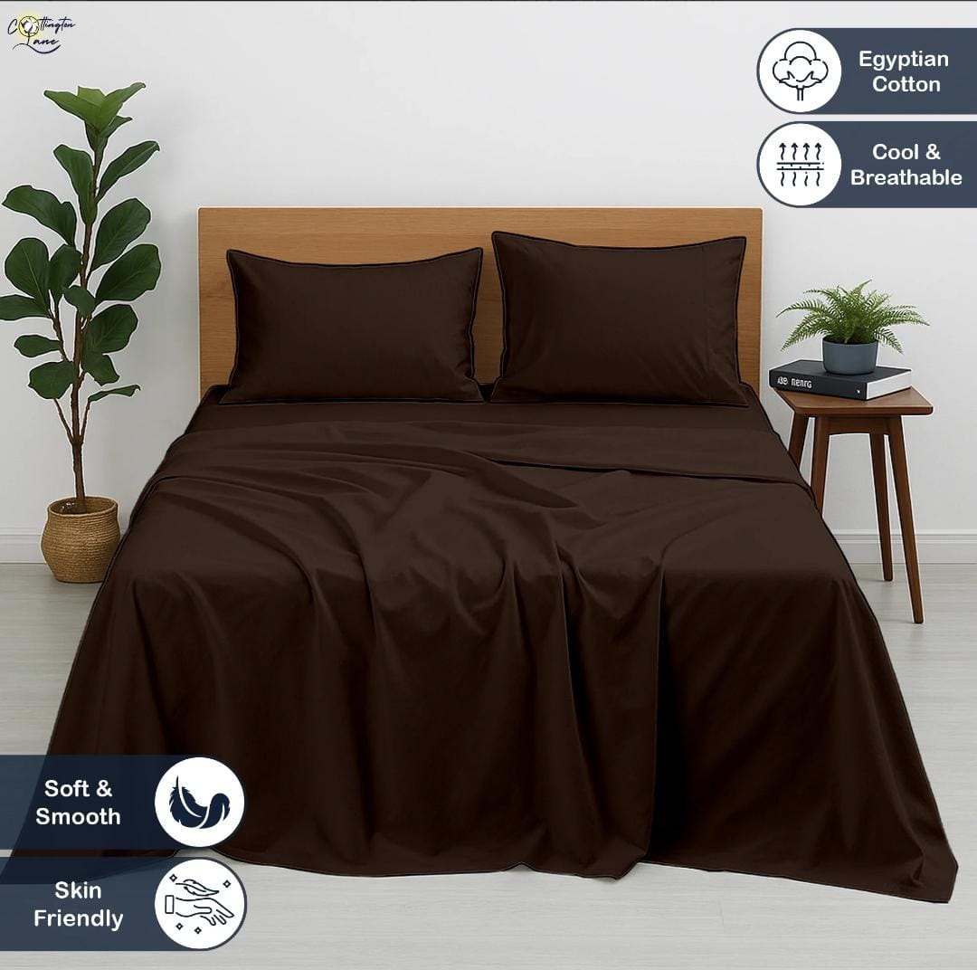Premium 100% Cotton 4-Piece Bed Sheet Set | 400 TC | Flat Sheet, Elastic Fitted Sheet & 2 Pillow Covers | 10-Inch Deep Pocket (Chocolate)