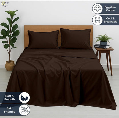 Premium 100% Cotton 4-Piece Bed Sheet Set | 400 TC | Flat Sheet, Elastic Fitted Sheet & 2 Pillow Covers | 10-Inch Deep Pocket (Chocolate)