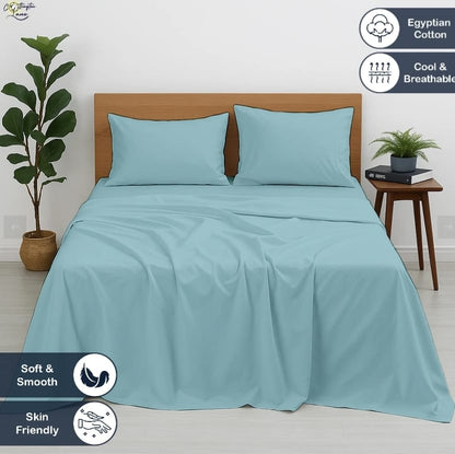 Premium 100% Cotton 4-Piece Bed Sheet Set | 400 TC | Flat Sheet, Elastic Fitted Sheet & 2 Pillow Covers | 10-Inch Deep Pocket (Light Blue)