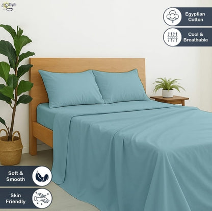 Premium 100% Cotton 4-Piece Bed Sheet Set | 400 TC | Flat Sheet, Elastic Fitted Sheet & 2 Pillow Covers | 10-Inch Deep Pocket (Light Blue)