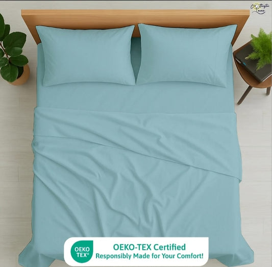 Premium 100% Cotton 4-Piece Bed Sheet Set | 400 TC | Flat Sheet, Elastic Fitted Sheet & 2 Pillow Covers | 10-Inch Deep Pocket (Light Blue)