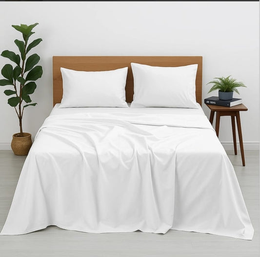 Premium 100% Cotton 4-Piece Bed Sheet Set | 400 TC | Flat Sheet, Elastic Fitted Sheet & 2 Pillow Covers | 10-Inch Deep Pocket (White)