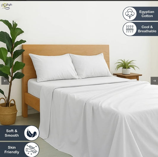 Premium 100% Cotton 4-Piece Bed Sheet Set | 400 TC | Flat Sheet, Elastic Fitted Sheet & 2 Pillow Covers | 10-Inch Deep Pocket (White)